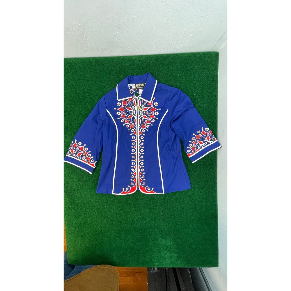 Bob Mackie Wearable Art Blue Embroidered Cutout Zip Front Jacket Small